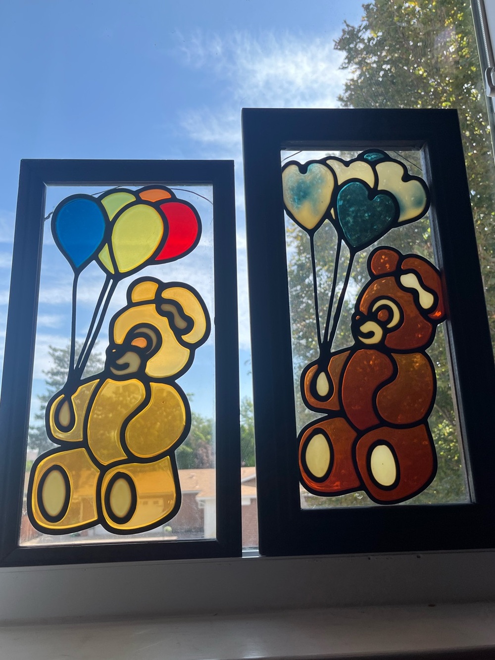 2 large hand painted teddybear sun catchers